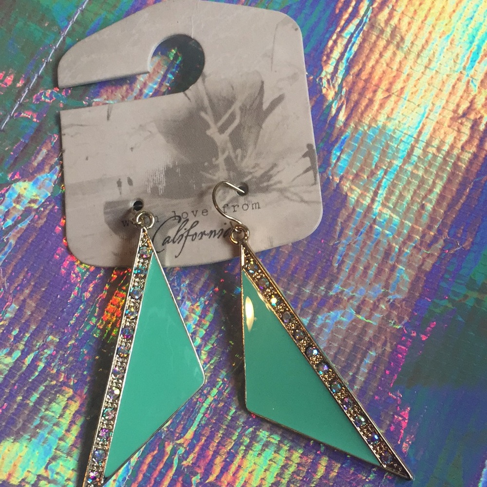 Green and Gold Triangle Dangle Earrings